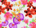 Pink Botanical Textile. Purple Orchid Design. Green Hibiscus Plant. Yellow Flower Illustration. Colorful Watercolor Foliage. Blur Royalty Free Stock Photo