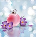 Pink bottle women`s perfume with spring flowers crocuses on blurred background. Vector Royalty Free Stock Photo