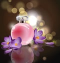 Pink bottle women`s perfume with spring flowers crocuses on blurred background. Vector Royalty Free Stock Photo