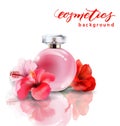 Pink bottle women`s perfume with spring flowers crocuses . Vector