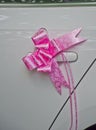 Pink bow on a white car's handle. Royalty Free Stock Photo