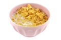 A pink bowl of cereal, corn flakes and fresh milk Royalty Free Stock Photo