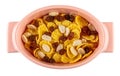 Pink bowl with corn flakes, raisin, peanut isolated on white. Top view Royalty Free Stock Photo