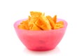 Pink bowl filled with potato chips