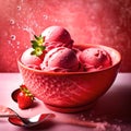 pink bowl full with strawberry ice cream and strawberry GENERATED BY AI TOOL