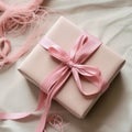 Pink box with bow tied around it, sitting on top of some white string. There is also small ball of yarn nearby box and