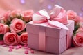 A pink box with a pink ribbon sits on a table with a bunch of pink roses Royalty Free Stock Photo