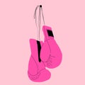 Pink boxing gloves hanging on nail of wall, flat design icon Royalty Free Stock Photo