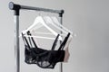 Vareity of bra hanging on a hanger. Textile, Underwear. Female bra in lingerie underwear store. Advertise, sale, fashion Royalty Free Stock Photo