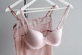 Vareity of bra hanging on a hanger. Textile, Underwear. Female bra in lingerie underwear store. Advertise, sale, fashion Royalty Free Stock Photo