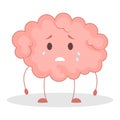Pink brain character, sad sticker. Cute funny human organ.