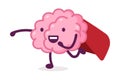 Pink Brain Superhero Running Wearing Red Cape, Funny Human Nervous System Organ Cartoon Character Vector Illustration on