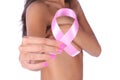 Pink breast cancer awareness ribbon in hand