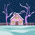 Pink brick country house with a snowy fence and trees against the background of the night sky. Royalty Free Stock Photo