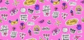 Pink bright doodle seamless pattern with lot of stickers. Cool print for stationer, wrapping paper and wallpaper