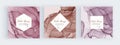 Pink and brown alcohol ink square banners with geometric marble frames