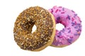 Pink and brown doughnut, chocolate and berry doughnut, strawberry and raspberry doughnuts, walnut donut on a white background