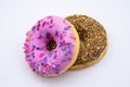 Pink and brown doughnut, chocolate and berry doughnut, strawberry and raspberry doughnuts, walnut donut on a white background