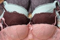 Pink, brown and light green lace bras close up.