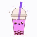 Pink bubble milk tea ads with delicious tapioca black pearls. Cute bubble tea kawaii smiled character. Taiwanese famous Royalty Free Stock Photo