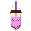 Pink bubble milk tea ads with delicious tapioca black pearls. Cute bubble tea kawaii smiled character. Taiwanese famous Royalty Free Stock Photo