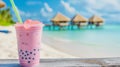 illustration of a pink bubble tea in front of blurred holiday beach resort in background Royalty Free Stock Photo