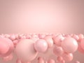 Pink bubbles and spheres flying and floating over pink paper background in studio. 3d illustration. Use image in