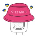 Pink bucket hat on award music microphone and lettering Stefania. Global politics, NO WAR, aggression problem picture in