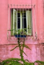A pink building and window with green shutters Royalty Free Stock Photo