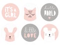 Set of Lovely Baby Girl Party Vector Decoration. 6 Round Shape Candy Bar Toppers. Royalty Free Stock Photo