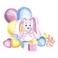 Pink bunny in pink bow with a multi-colored cubes, toys flowers, hearts and colorful balloons Watercolor hand drawn