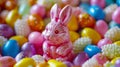 A pink bunny is sitting in a pile of colorful eggs Royalty Free Stock Photo