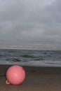 Pink buoy stranded on a sand beach on a grey cloudy day at the seaside with clear horizon on the shore Royalty Free Stock Photo