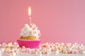 Pink butter-cream cupcake with marshmallow and candle Royalty Free Stock Photo