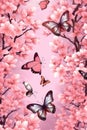 Pink butterflies and flowers on pink background, created using generative ai technology