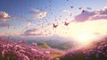 pink butterflies and pink flowers an open field, springtime, pink background. Royalty Free Stock Photo