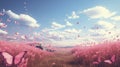pink butterflies and pink flowers an open field, springtime, pink background. Royalty Free Stock Photo