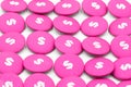 Pink buttons with white dollar sign, lined up as background for all topics related to finance, business and currencies