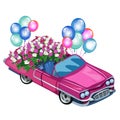 Pink cabriolet with bouquet flowers and balloons