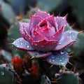 a pink cactus with water droplets on its petals