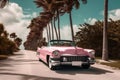 A pink caddilac on a road with palm trees at florida beach created with generative AI technology Royalty Free Stock Photo