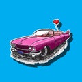 Pink Cadillac car with a heart-shaped balloon. Hand-drawn stroke. Sticker. Vector image Royalty Free Stock Photo