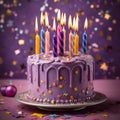 Pink cake with candles on a plate around confetti of stars. New Year\'s party and celebrations Royalty Free Stock Photo