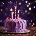 Pink cake with candles on a plate around confetti of stars. New Year\'s party and celebra Royalty Free Stock Photo