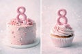Pink cake and cupcake with number eight for Womens Day Royalty Free Stock Photo