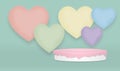 Pink cake round pedestal podiums blue background is love valentines style.For place goods,cosmetics,cartoon model,design fashion,