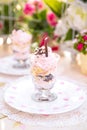 Pink cake souffle in a glass