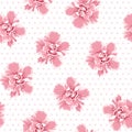 Pink camelia flowers seamless pattern. Tree petals bloom blossom. Female feminine girlish style. Polka dot background.