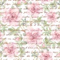 Pink camelia flowers and vintage ink text letter. Watercolor. Repeating retro floral pattern