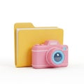 Pink camera icon next to a yellow folder isolated on white background Royalty Free Stock Photo